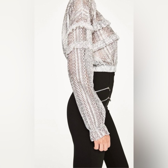 Zara long sleeve crop top silver grey ruffle large as seen on Brec Bessinger - Picture 6 of 14